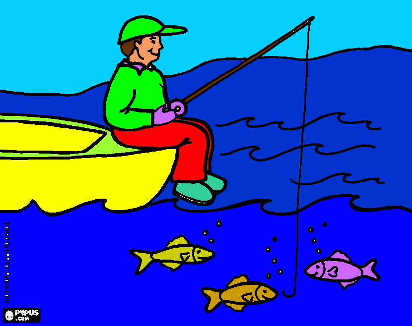 pinta Pescador pescant amb la seva barca.