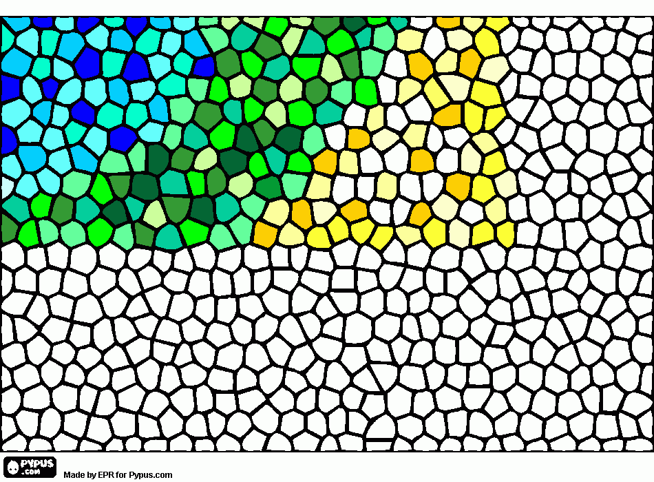 pinta Trencadís amb  colors blaus, verds i grocs