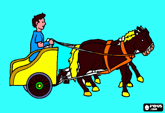 pinta un nen montat en una carrossa de 2 cavalls