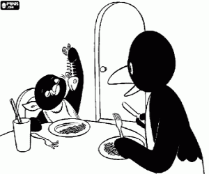 Pintar Pingu menjant un deliciós peix