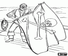 Pirata barbut a bord del vaixell preparat per a hissar la bandera amb la calavera