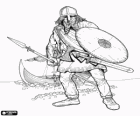 Viking desembarcant del seu vaixell completament armat i amb l'escut i la llança a les mans