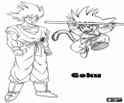 Goku nen saltant i Goku adult, un humà amb cua de mico