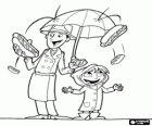 La pluja de menjar ha arribat, un home amb paraigua i la seva filla feliços amb la pluja de salsitxes