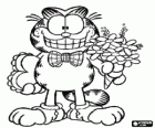 Garfield elegant amb els regals del dia de Sant Valentí, un ram de flors i un gran cor
