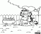 Garfield preparant una barbacoa al jardí