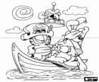 Garfield i els seus amics Odie i Pooky vestits com pirates en una petita barca