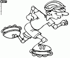 Patinador a tota velocitat equipant amb casc, guants, colzeres, genolleres i patins en línia o Rollerblade