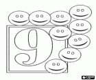 Número 9 amb nou cares contentes o smiley