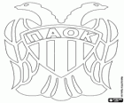 Logo PAOK FC i el PAOK de Salònica, equip de futbol grec. Panthessalonikeios Athlitikós Ómilos Konstantinoupoliton, nom grec original transliterat