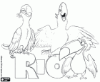 Logo de la pel·lícula Rio amb tres dels seus protagonistes: els guacamais Blu, Jewel i el tucano Rafael
