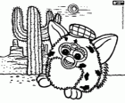 Un Furby i un cactus al desert amb les muntanyes al fons