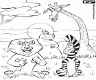 Els quatre animals protagonistes de Madagascar 2. Alex el Lleó, Marty la Zebra, la girafa Melman i Gloria l'hipopòtam a la sabana africana