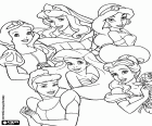 Grup de sis princeses del màgic món: Blancaneus, Princesa Aurora o la Bella Dorment, Princesa Jasmine, la Ventafocs, la sireneta Ariel i la princesa Belle