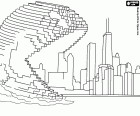 Una escena espectacular de la pel·lícula Píxels, Pac-Man està destruint els edificis d'una gran ciutat