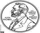 Una medalla commemorativa del Premi Nobel. Medalla amb la imatge d'Alfred Nobel de perfil amb la data del seu naixement, el 21 d'octubre de 1833 i la data de la seva mort, el 10 de desembre de 1896. Alfred Nobel va inventar de la polvora. Alfred Nobel, inventor i industrial suec que va destinar la seva fortuna fortuna als premis Nobel en el seu testament. Els Premis Nobel s'atorguen cada any des del 1901 a les persones més destacades de la física, química, medicina, literatura i la Pau