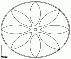 Un mandala circular geomètrica s'assembla a una flor amb vuit pètals i petit cercle en el centre