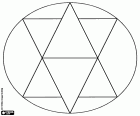 Un mandala format per dos triangles grans en un cercle. La geometria resultant genera sis triangles més petits