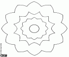Un mandala d'una flor composat per tres anells concèntrics amb formes diverses i un petit cercle central