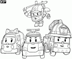 Els quatre personatges principals de Robocar Poli: Robovan Amber, Robocopter Helly, Robotruck Roy i Robocar Poli