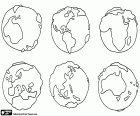 Representació dels sis continents del nostre planeta: l'Antàrtida, Amèrica, Àfrica, Europa, Àsia i Oceania