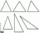 En aquesta col·lecció de triangles trobareu els tipus de triangles. A dalt els tres tipus de classificar segons els seus costats triangle: un triangle equilàter (tots tres costats iguals), un triangle isòsceles (dos costats iguals), un triangle escalè (tres costats diferents). A baix els tres tipus de triangle classificats segons els seus angles: un triangle acutangle (tres angles aguts), un triangle rectangle (un angle recte), un triangle obtusangle (un angle obtús)