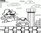 Una escena d'un videojoc de Super Mario. El protagonista és en Mario saltant per damunt el seu enemic Goomba sota la mirada dels núvols somrients