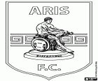 Escut de l'Aris de Salònica FC, Athlitikos Syllogos Aris Thessaloniki, club de futbol que pertany al club multi-esportiu de Tessalònica o Salònica, ciutat portuària al nord de la mar Egea. Tessalònica és la segona ciutat de Grècia i la capital de la regió de la Macedònia Central