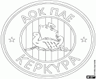 Logotip de AOK Kerkyra, Athlitikos Omilos Kerkyra, club de futbol amb seu a Corfú, Kerkyra en grec, ciutat i capital de l'illa més gran del mar jònic, les Illes Jòniques. Corfú està situat davant la costa nord-oest de Grècia