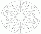 Un mandala de perímetre circular format per dues estrelles concèntriques centrals i altres estrelles decoratives a la franja exterior