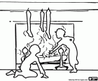 Una escena a contrallum amb dos nens ansiosos davant al foc esperant l'arribada de regals de Nadal. Mitjons pels regals penjats a la llar de foc