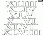 De la nostra col·lecció de dibuixos per pintar sobre el sistema numèric romà, aquí tenim els números 43, 44, 45, 46, 47 i 48