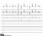 Un exercici de cal·ligrafia amb l'alfabet, les lletres minúscules de la A a la M