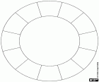 Una roda del model de color tradicional, el model de color RYB (les lletres inicials de Red, Yellow, Blue, que corresponen als noms en anglès dels colors vermell, groc i blau). La roda circular està dividida en dotze segments