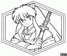 Un retrat de Inuyasha en un marc hexagonal. Inuyasha és el protagonista principal i al mateix temps és un anti-heroi