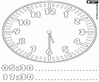 5:30 i 17:30, són dos quarts de sis del matí o de la tarda, les cinc i trenta minuts, en un dibuix per pintar i per aprendre les hores
