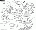 Els quatre Petits Einsteins estan molt contents quan plou. Ells surten amb impermeables, barrets de pluja, paraigües i botes d'aigua per jugar amb els bassals