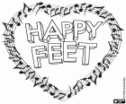 El logotip de Happy Feet dins un pentagrama en forma de cor amb notes musicals. Happy feet: Trencant el gel