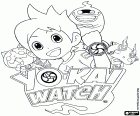 El logotip i els personatges principals de Yo-kai Watch: Nate, Whisper, Jibanyan i Komasan