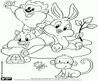 Tres personatges Baby Looney Tunes jugant amb altres animals petits, un mico, una tortuga, un escarabat i un cargol