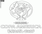 Logotip de la Copa América Brasil 2019 que tindrà lloc entre el 14 de juny i 7 de juliol, de 2019, al Brasil. Els dotze equips participants són 10 de la CONMEBOL i dos equips convidats, Qatar i Japó. De la CONMEBOL són Argentina, Bolivia, Brasil, Colòmbia, Equador, Paraguai, Perú, Uruguai, Veneçuela i Xile